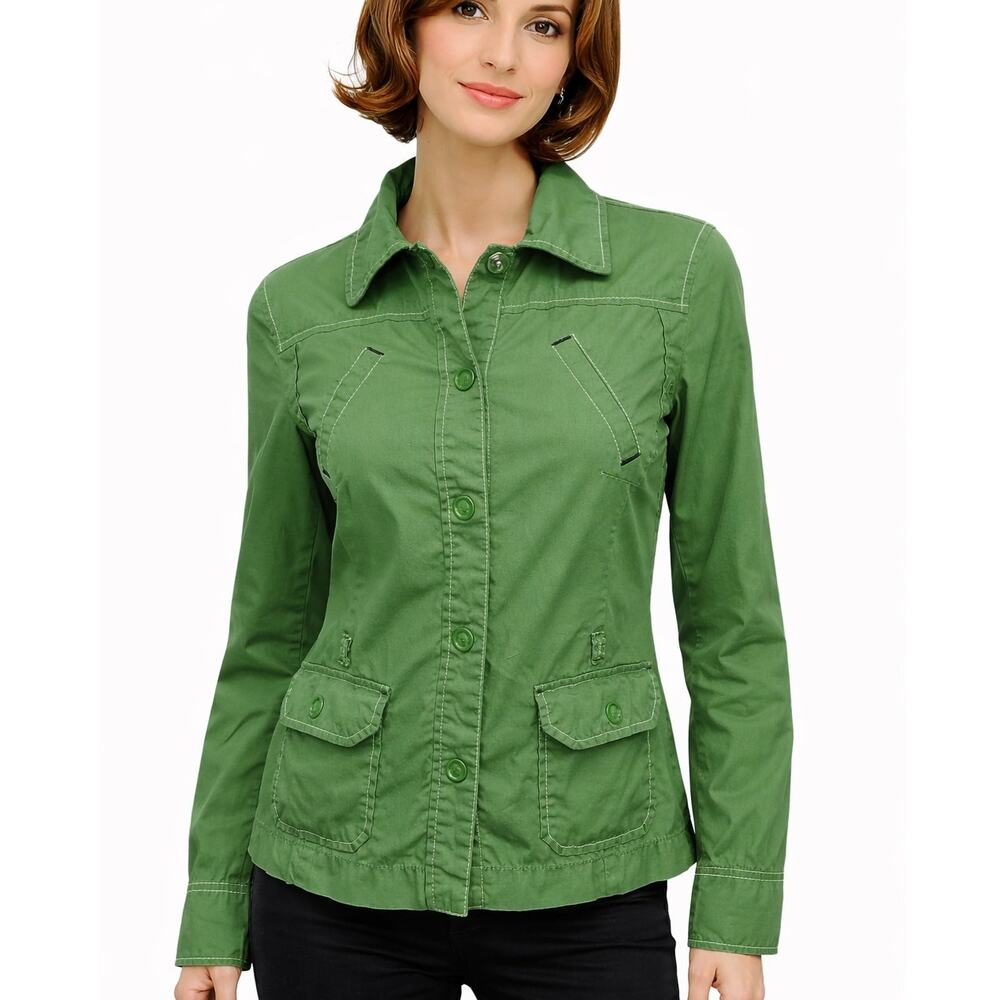 Ann Taylor LOFT Jacket Safari Utility Style Sz 8 Green Snap Closure Vintage y2k